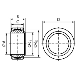 Radial-Gelenklager DIN ISO 12240-1-E Reihe GE..UK wartungsfrei Bohrung 45mm Außendurchmesser 68mm, Technische Zeichnung