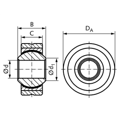 Gelenklager DIN ISO 12240-1-K Reihe SD mit Außenring wartungsfrei Bohrung 25mm Außendurchmesser 56mm, Technische Zeichnung