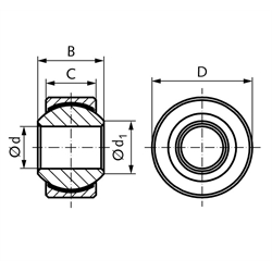 Gelenklager DIN ISO 12240-1-K Reihe GD ohne Außenring wartungsfrei Bohrung 18mm Außendurchmesser 35mm Edelstahl rostfrei, Technische Zeichnung