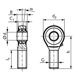 Gelenkkopf BR DIN ISO 12240-4 Maßreihe K Außengewinde M12 links mit Pendelkugellager, Technische Zeichnung