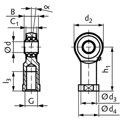 Gelenkkopf BR DIN ISO 12240-4 Maßreihe K Innengewinde M20x1,5 rechts mit Pendelkugellager, Technische Zeichnung