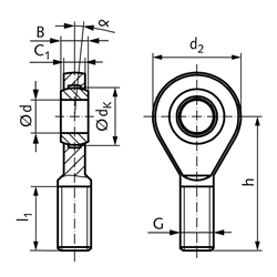 Gelenkkopf GAW DIN 12240-4 Maßreihe E Außengewinde M12 links wartungsfrei, Technische Zeichnung