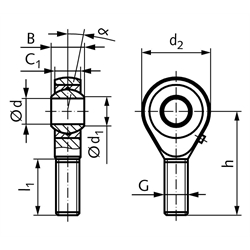 Gelenkkopf GS DIN ISO 12240-4 Maßreihe K Außengewinde M2 links == Vor Inbetriebnahme ist eine Erstschmierung erforderlich ==, Technische Zeichnung