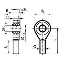 Gelenkkopf GT-R DIN ISO 12240-4 Maßreihe K Außengewinde M6 links wartungsfrei und rostfrei, Technische Zeichnung