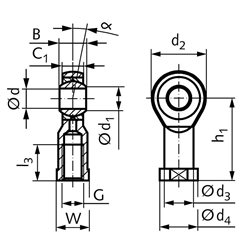 Gelenkkopf GT-R DIN ISO 12240-4 Maßreihe K Innengewinde M5 links wartungsfrei und rostfrei, Technische Zeichnung