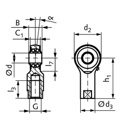 Gelenkkopf PF kurze Bauform Bohrung 15mm Innengewinde M12 rechts nachschmierbar, Technische Zeichnung