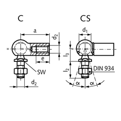 Winkelgelenk DIN 71802 Ausführung CS mit Sicherungsbügel Größe 10 Gewinde M6 links mit Mutter Stahl verzinkt, Technische Zeichnung