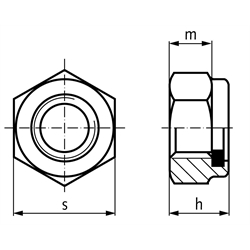 Sechskantmutter DIN 985 (ähnlich DIN EN ISO 10511) mit Klemmteil aus Polyamid M14 Stahl verzinkt Festigkeit 10, Technische Zeichnung
