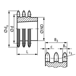 Dreifach-Kettenrad DRT 10 B-3 5/8x3/8" 15 Zähne Material Stahl für Taper-Spannbuchse Typ 1210, Technische Zeichnung