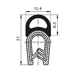 Kantenschutzprofil PVC/EPDM Klemmbereich 1,0 - 4,0 mm Gesamthöhe 21mm Gesamtbreite 10,4mm, Technische Zeichnung
