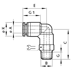 Drehbare Winkel-Einschraubverschraubung Rohr-Außendurchmesser 8mm Gewinde R1/8 , Technische Zeichnung