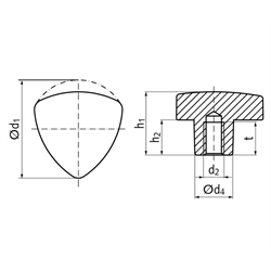 Dreikantgriff aus Edelstahl d1=60mm Innengewinde M12 , Technische Zeichnung