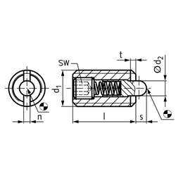 Federndes Druckstück M10 mit Bolzen und Innensechskant Edelstahl 1.4305, Technische Zeichnung