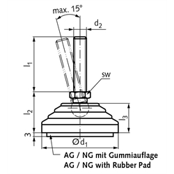 Gelenkfuss 344.5 Form NG M16 x 68mm lang Tellerdurchmesser 60mm Schraube aus Edelstahl , Technische Zeichnung