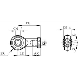 Gelenkkopf mit Kugelgelenk für Zylinderdurchmesser 40mm Gewinde M12x1,25 , Technische Zeichnung