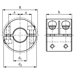 Geteilter Klemmring breit Stahl C45 brüniert Bohrung 40mm mit Schrauben DIN 912 12.9, Technische Zeichnung