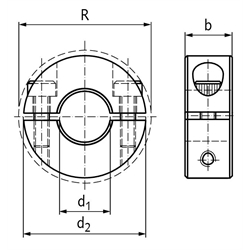 Geteilter Klemmring aus Aluminium eloxiert Bohrung 9mm mit Schrauben DIN 912 A2-70 , Technische Zeichnung