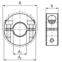 Geteilter Klemmring Stahl C45 brüniert Bohrung 1,75 Zoll = 44,45mm mit Schrauben DIN 912 12.9, Technische Zeichnung