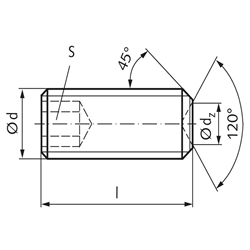 Gewindestift ISO 4029 (ex DIN 916) mit Innensechskant und Ringschneide Edelstahl A2 M8 x 10mm, Technische Zeichnung