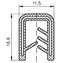 Kantenschutzprofil PVC schwarz Klemmbereich 4,0 - 6,0 mm Höhe 16,6mm Breite 11,5mm, Technische Zeichnung