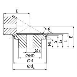 Kegelrad aus Stahl Modul 0,5 20 Zähne Übersetzung 2:1 gefräst , Technische Zeichnung