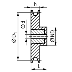 Keilriemenscheibe aus Aluminium Profil XPA, SPA und A (13) 1-rillig Nenndurchmesser 56mm, Technische Zeichnung