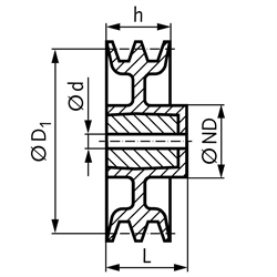 Keilriemenscheibe aus Aluminium Profil XPA, SPA und A (13) 2-rillig Nenndurchmesser 63mm, Technische Zeichnung