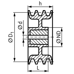 Keilriemenscheibe aus Aluminium Profil XPZ, SPZ und Z (10) 3-rillig Nenndurchmesser 100mm, Technische Zeichnung