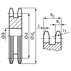 Zweifach-Kettenradscheibe ZRL ohne Nabe 08 B-2 1/2x5/16" 22 Zähne Mat. Stahl , Technische Zeichnung
