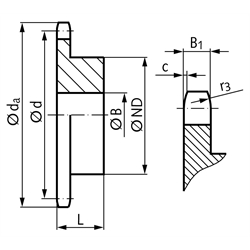Kettenrad KRR mit einseitiger Nabe 06B-1 3/8x7/32" 20 Zähne Mat. 1.4301, Technische Zeichnung