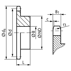 Kettenrad KRS mit einseitiger Nabe 12 B-1 3/4x7/16" 38 Zähne Mat. Stahl , Technische Zeichnung