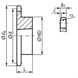 Kettenrad KRTG 20 B-1 1 1/4"x3/4" 15 Zähne Material Stahl Verzahnung gehärtet für Taper-Spannbuchse Typ 2517 , Technische Zeichnung