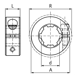 Klemmring geschlitzt Aluminium mit Keilwellenprofil DIN ISO 14 KN 26x32, Technische Zeichnung