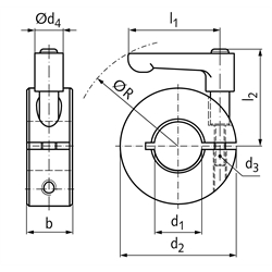 Geschlitzter Klemmring Stahl C45 brüniert Bohrung 32mm mit verstellbarem Klemmhebel M6 x 16 Länge 45mm, Technische Zeichnung
