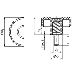 Kordelgriffschraube aus Thermoplast Durchmesser 32mm Außengewinde M5 x 40mm , Technische Zeichnung