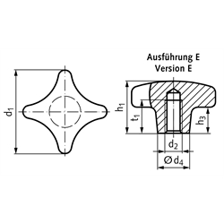 Kreuzgriff DIN 6335 aus Grauguss Ausführung E Durchmesser 100mm , Technische Zeichnung