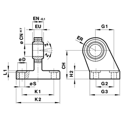 Lagerbock mit Gelenklager für Zylinderdurchmesser 40mm Gegenlager für Gabelbefestigung , Technische Zeichnung