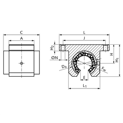 Linearlagereinheit KG-3-KO ISO-Reihe 3 mit Linear-Kugellager mit Winkelausgleich mit Doppellippendichtung für Wellen-Ø 12mm offene Ausführung, Technische Zeichnung