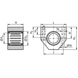 Linearkugellagereinheit KG-1 ISO-Reihe 1 Premium mit Doppellippendichtung für Wellendurchmesser 14mm, Technische Zeichnung
