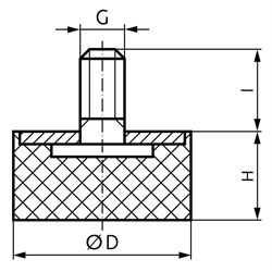 Gummi-Metall-Anschlagpuffer MGS Durchmesser 25mm Höhe 10mm Gewinde M6x18 , Technische Zeichnung