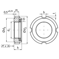 Nutmutter GUK 10a selbstsichernd Gewinde M52 x 1,5 Material Stahl verzinkt mit eingelegtem Klemmteil aus Polyamid, Technische Zeichnung