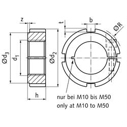 Nutmutter KMM geschlitzt mit Klemmschraube Größe 10 Gewinde M50x1,5 Material Stahl verzinkt, Technische Zeichnung