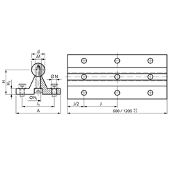 Präzisions-Wellenstahl mit Wellenunterstützung Ø 40h6 x 1200mm lang , Technische Zeichnung