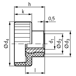 Rändelhohlmutter 420 M10 Buchse Stahl verzinkt , Technische Zeichnung