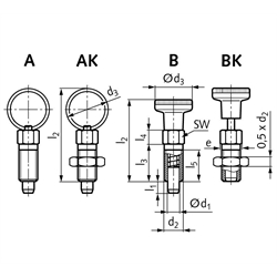 Rastbolzen 717 Form AK Bolzendurchmesser 8mm Gewinde M12 Edelstahl, Technische Zeichnung