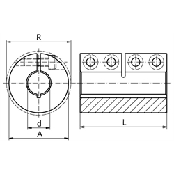Geschlitzte Schalenkupplung MAS beidseitig Bohrung 6mm ohne Nut Edelstahl 1.4305 mit Schrauben DIN 912 A2-70 , Technische Zeichnung