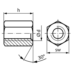 Sechskantmutter mit Trapezgewinde DIN 103 Tr.12 x 3 eingängig rechts Länge 18mm Schlüsselweite 19mm Stahl C35Pb , Technische Zeichnung