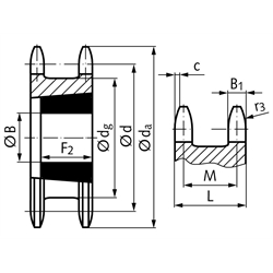 Doppel-Kettenrad ZRET für 2 Einfach-Rollenketten 10 B-1 5/8"x3/8" 13 Zähne Material Stahl für Taper-Spannbuchse 1108, Technische Zeichnung
