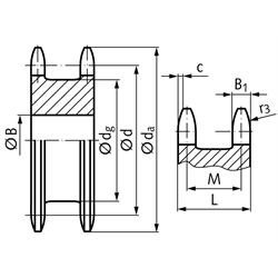 Doppel-Kettenrad ZREG für 2 Einfach-Rollenketten 08 B-1 1/2x5/16" 14 Zähne Material Stahl Zähne gehärtet, Technische Zeichnung