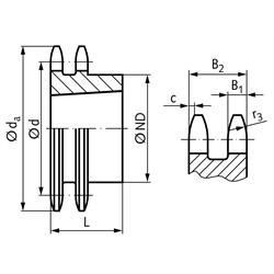 Zweifach-Kettenrad ZRT 16 B-2 1"x17,02mm 57 Zähne Material Grauguss für Taper-Spannbuchse Typ 3535 , Technische Zeichnung